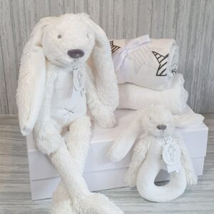Rabbit Richie Ivory Soft Toy, Rattle & Swaddle Baby & Sibling Gift Set & Complimentary Greeting Card (SKU591)