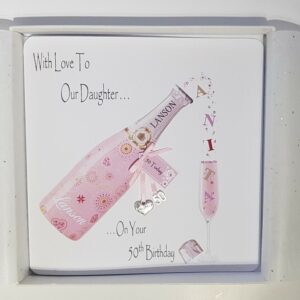 Personalised 50th Birthday Card Pink Champagne Daughter Any Relation Or Age (SKU422)