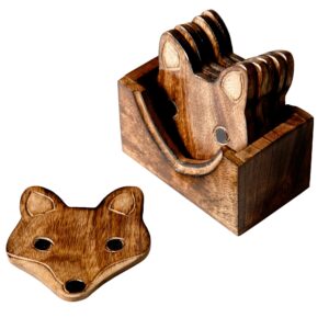Quirky Fox Coasters – Wooden Coasters Hand Carved Wood- Set Of 6 – House Warming Gift (SKU1159)