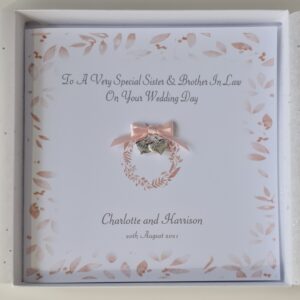 Contemporary Personalised Wedding Day Card Sister & Brother In Law, Any Couple Relation Colour LGBT Same Sex Marriage Blush Pink (SKU1318)
