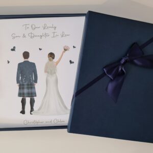 Customisable Wedding Day Card Son Daughter In Law, Ancient Patriot, Various Tartans, Suits, Dresses, Skin Tone, Hair Relation (SKU1306)