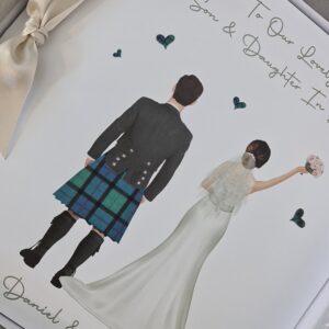 Customisable Wedding Day Card Son Daughter In Law, Flower Of Scotland, Various Tartans, Suits, Dresses, Skin Tone, Hair Relation (SKU1307)