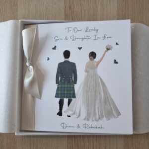 Customisable Wedding Day Card Son Daughter In Law, Farquharson Muted Tartan, Various Tartans, Suits, Dresses, Skin Tone, Hair (SKU1353)