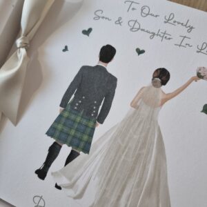 Customisable Wedding Day Card Son Daughter In Law, Farquharson Muted Tartan, Various Tartans, Suits, Dresses, Skin Tone, Hair (SKU1353)
