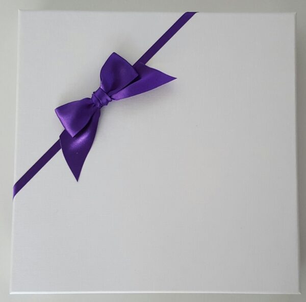 white box dark purple ribbon
